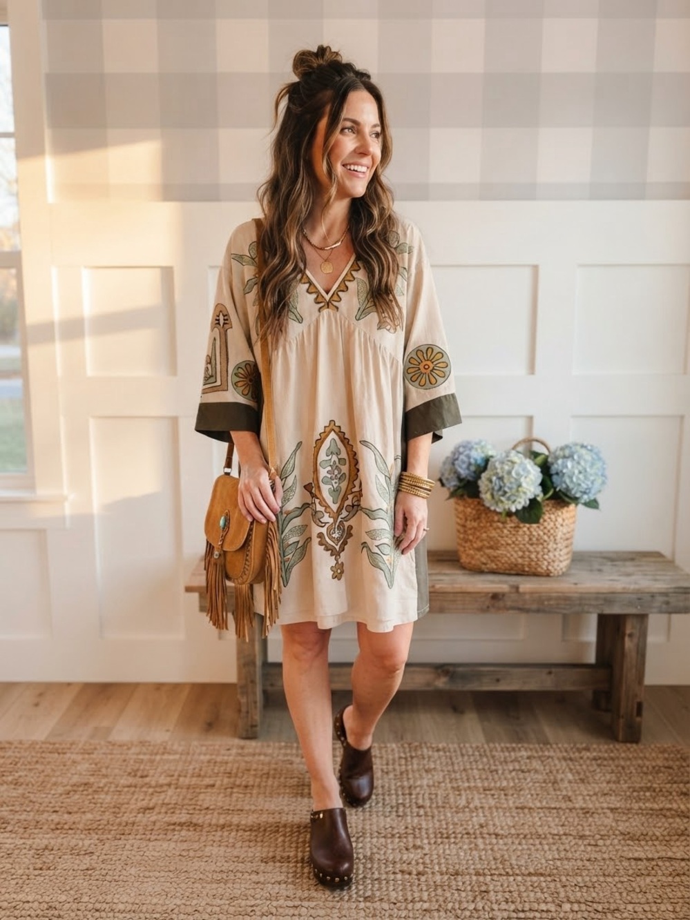 Embroidered Boho Cream Midi Dress with Olive Accents Large